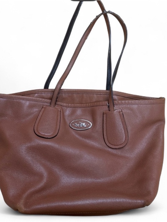 Coach Handbags - Coach Brown Leather Double-Handle Tote with Metal Logo